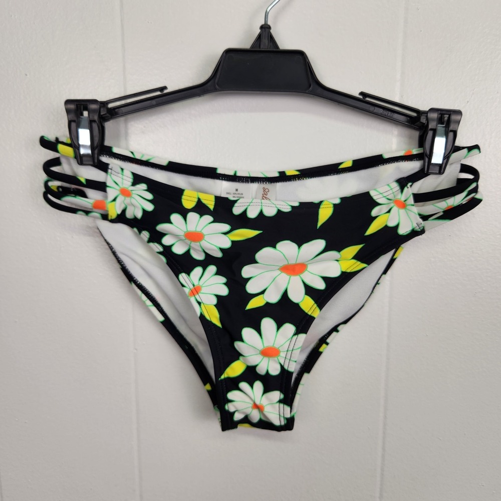 Salt + Cove Floral Bikini Bottom M Black Daisy Strappy‎ Sides Swim NWT